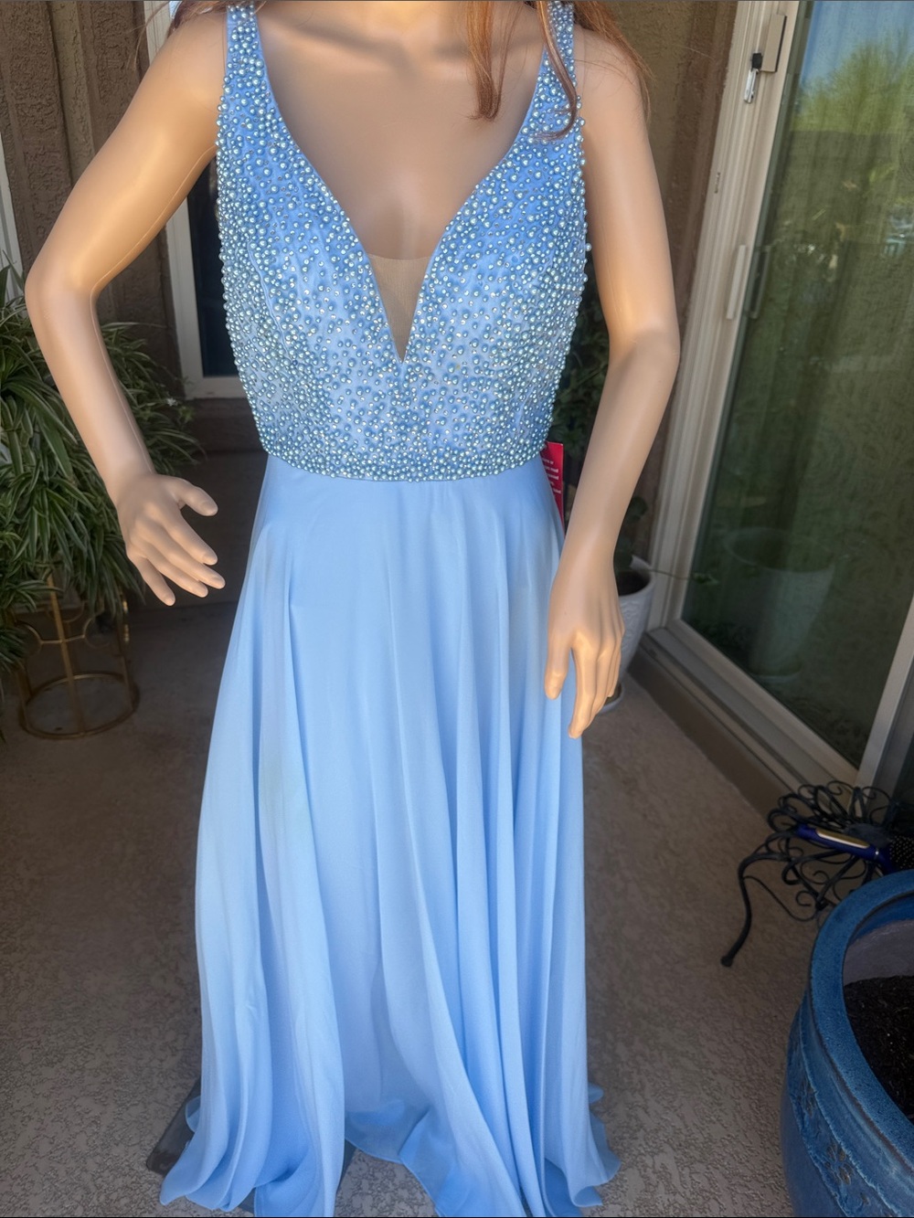 Elegant Beaded V-Neck Evening Gown - Light Blue